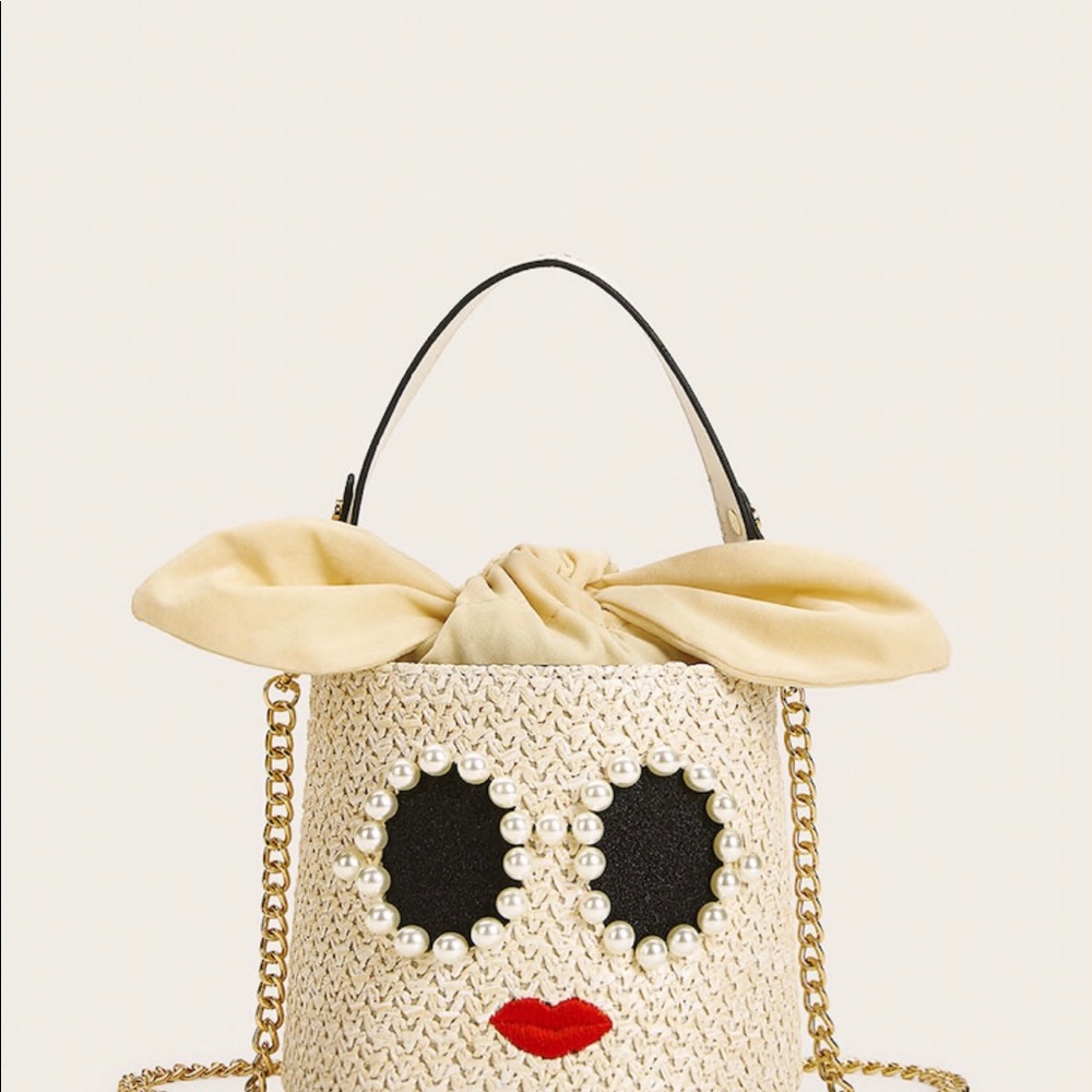 Small Faux Pearl Decor Woven Bucket Bag